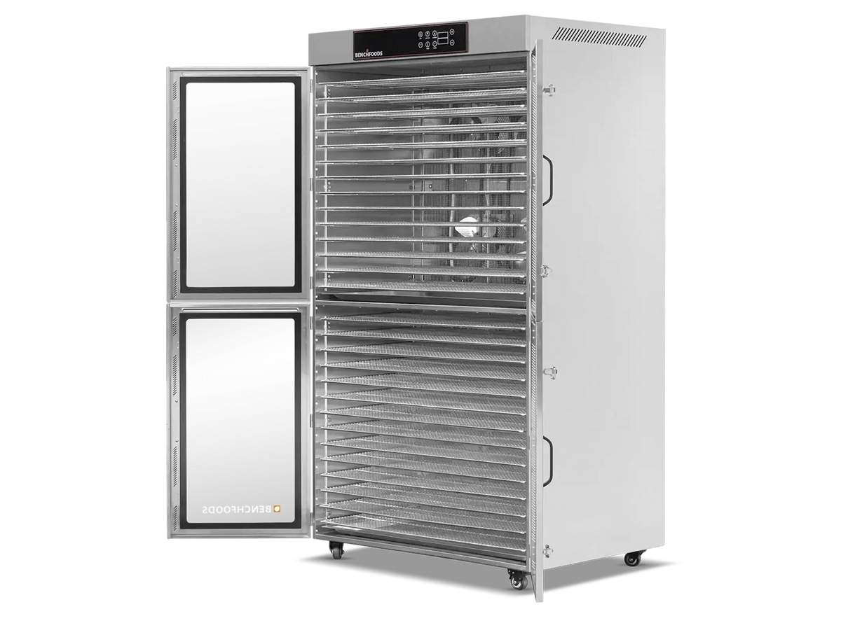 Benchfoods 2 Zone 28 Tray commercial dehydrator with doors open showing stainless steel trays